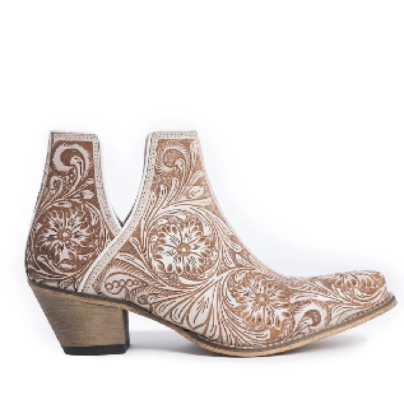 🌸Hand-Tooled Genuine Leather Bootie Boho Western Cowgirl Ankle Boot Cream Fall! - Picture 4 of 12